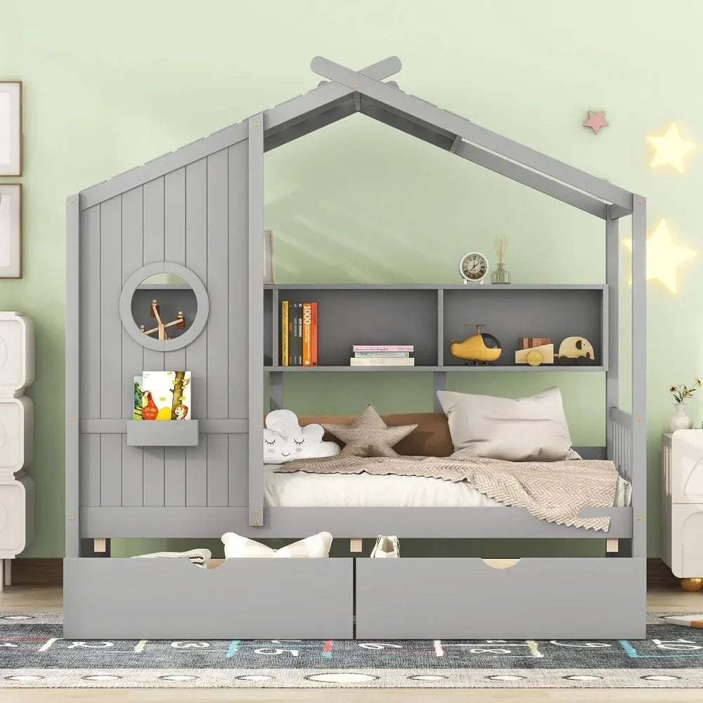Twin House Bed with Storage Drawers & Bookcase