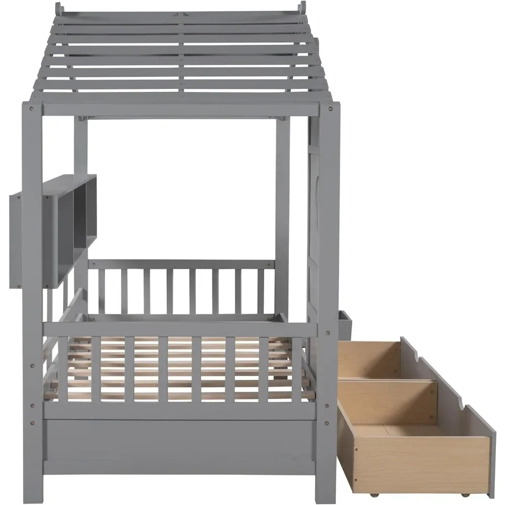 Twin House Bed with Storage Drawers & Bookcase
