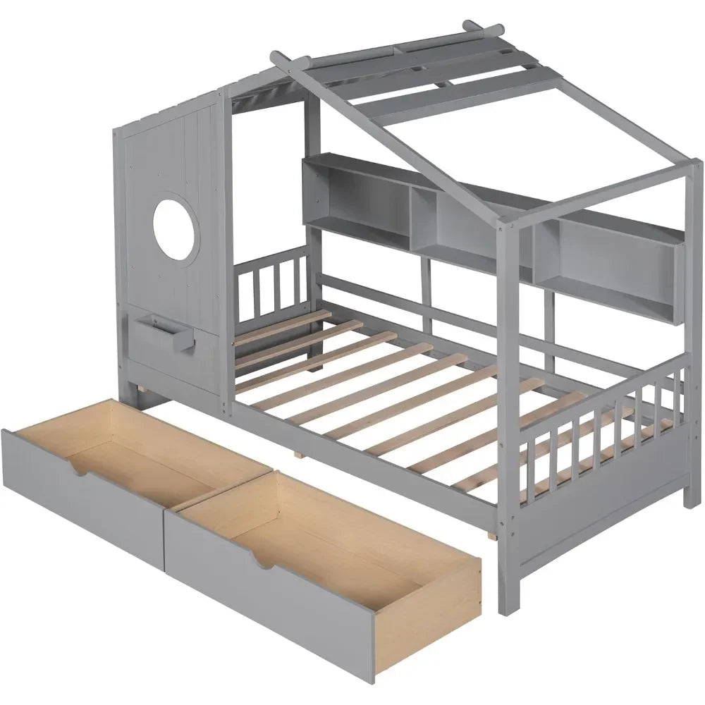 Twin House Bed with Storage Drawers & Bookcase