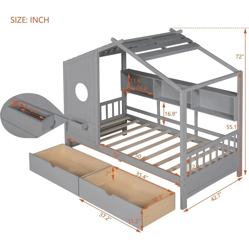 Twin House Bed with Storage Drawers & Bookcase