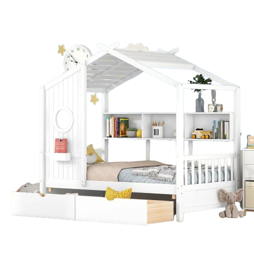 Twin House Bed with Storage Drawers & Bookcase