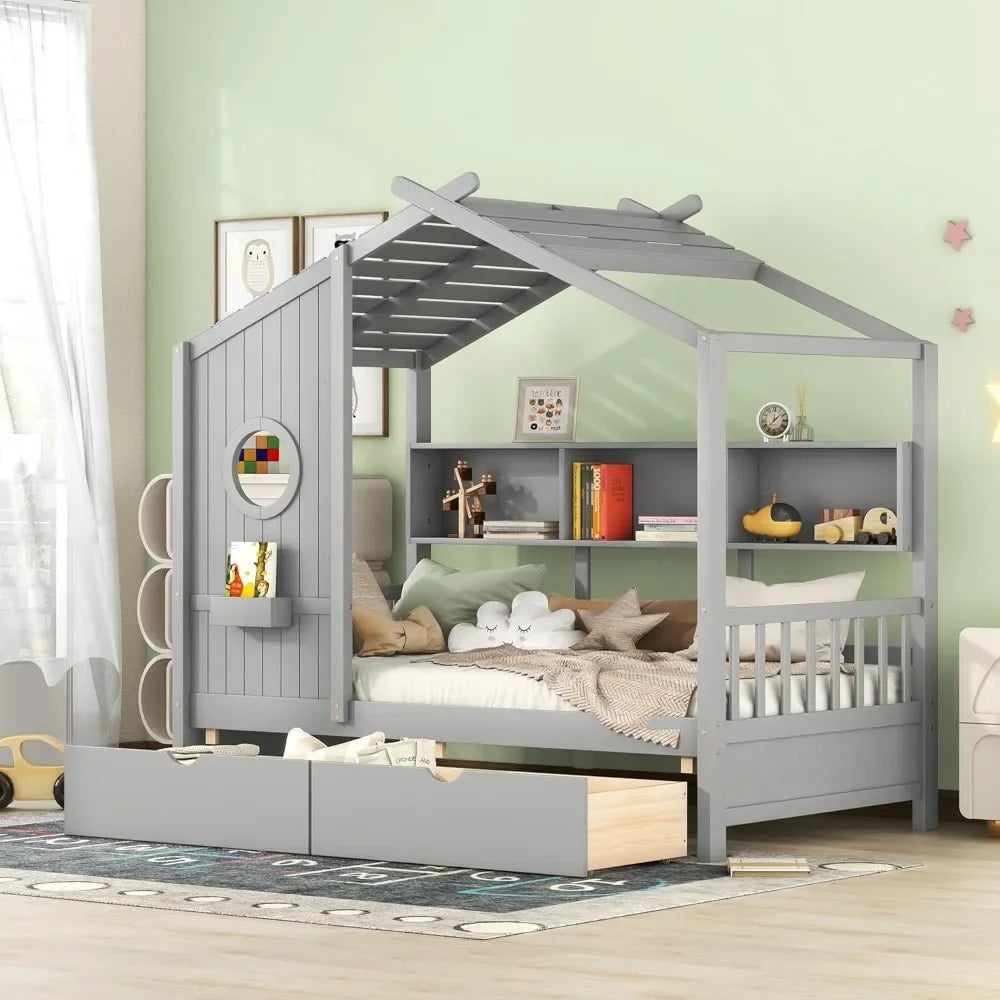 Twin House Bed with Storage Drawers & Bookcase