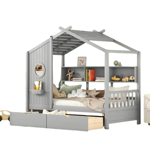 Twin House Bed with Storage Drawers & Bookcase
