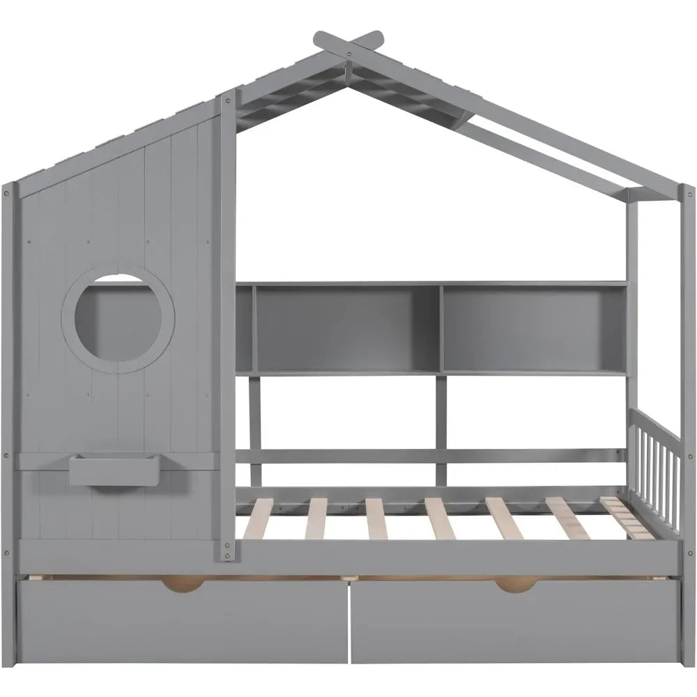 Twin House Bed with Storage Drawers & Bookcase